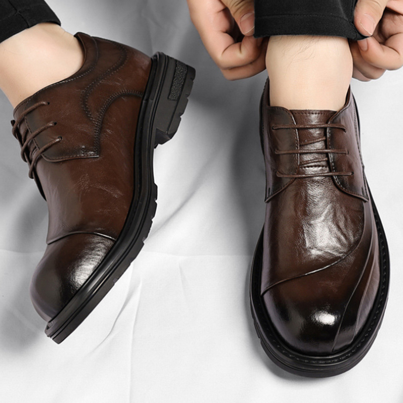 Men Formal Wear For Wedding - Brown Burnished Genuine Leather Lace Up