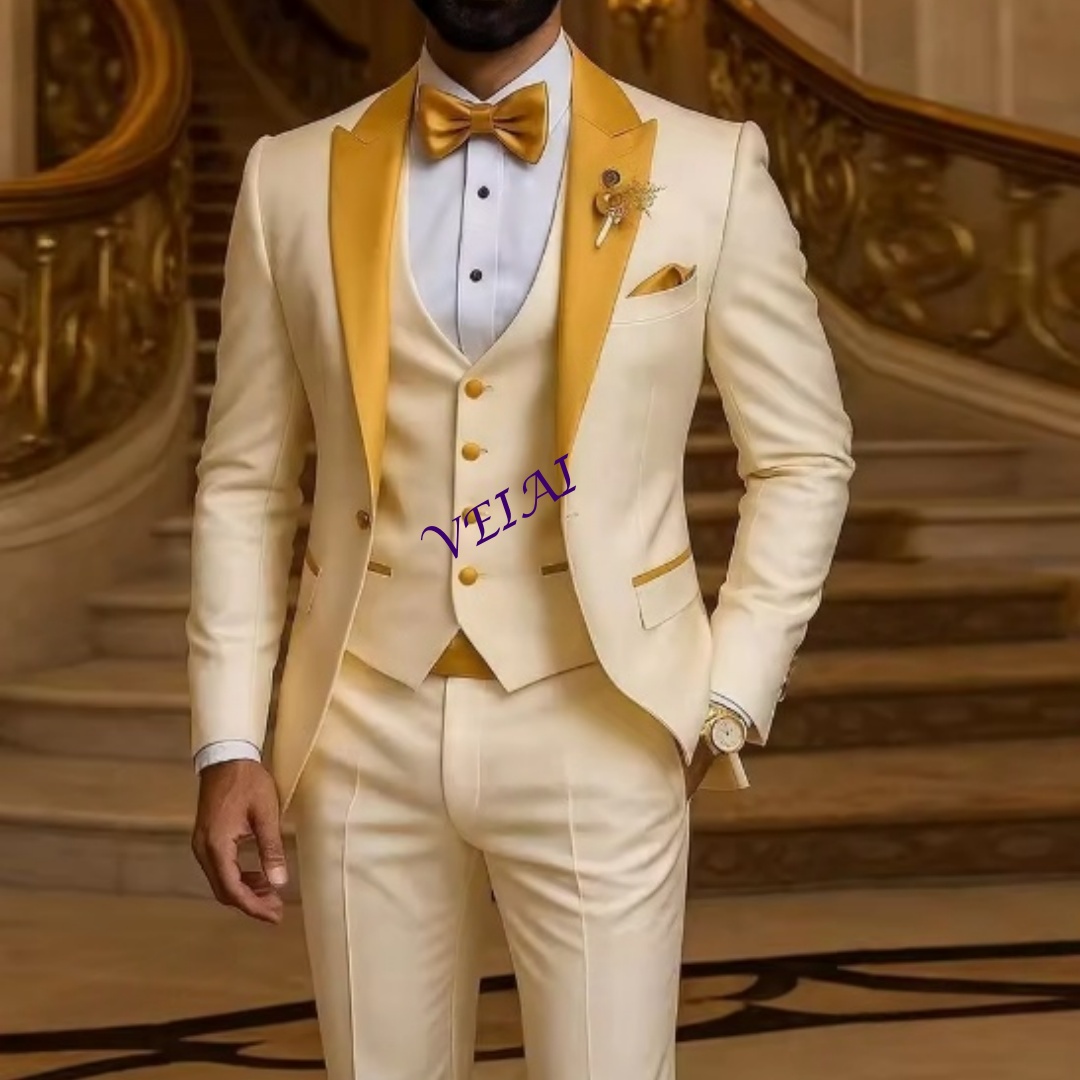Men Formal Wear Coat - CustomizedGold Collar Ivory Men Suit Wedding