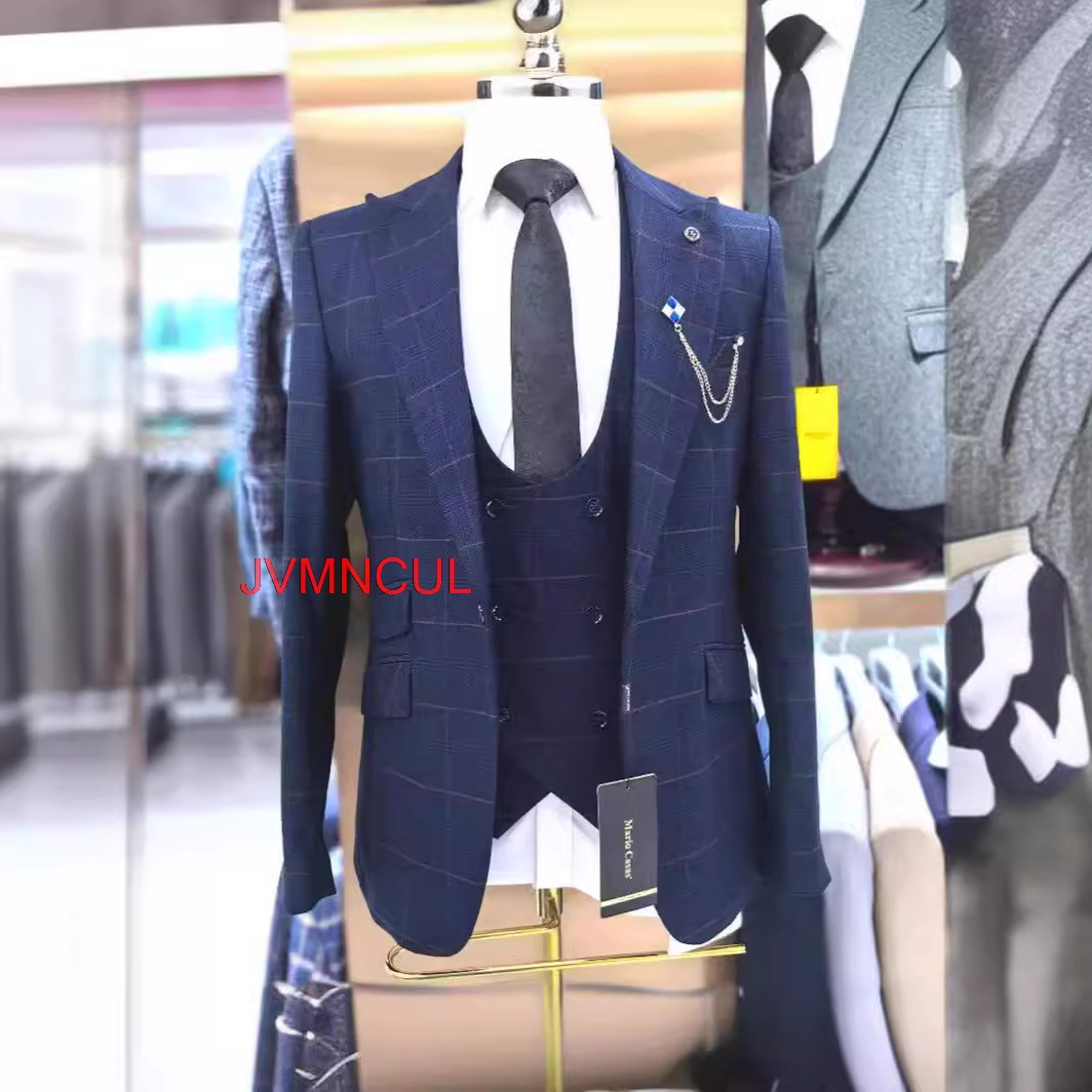 Men Formal Wear With Blazer - Men's Plaid 3 Piece Suit Slim