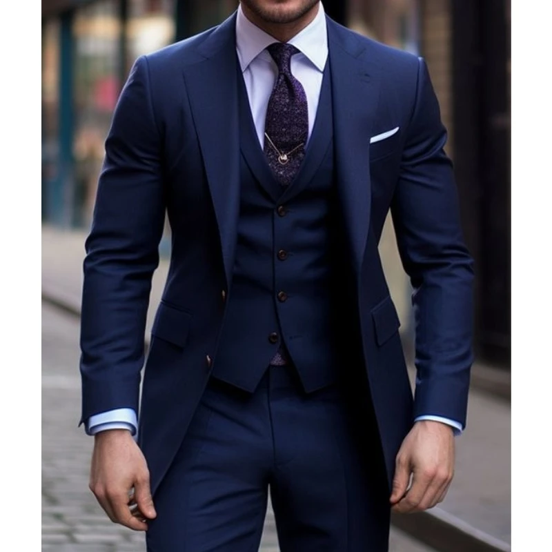 Men Formal Wear For Wedding - Navy Blue 3 Pieces Casual Male
