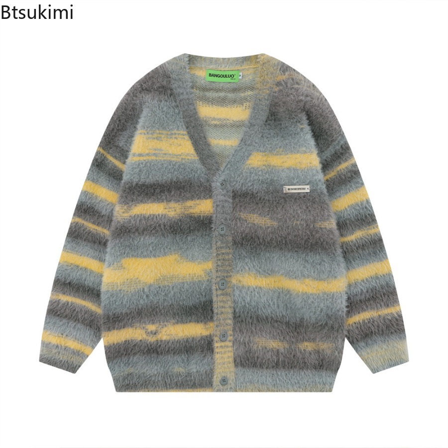 Men Formal Wear Coat - Men's Yellow Striped Thickened Knitted Cardigan